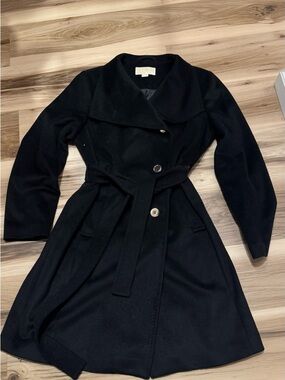 MICHAEL Michael Kors Black Long Sleeve Belted Fit-and-Flare Coat Dress